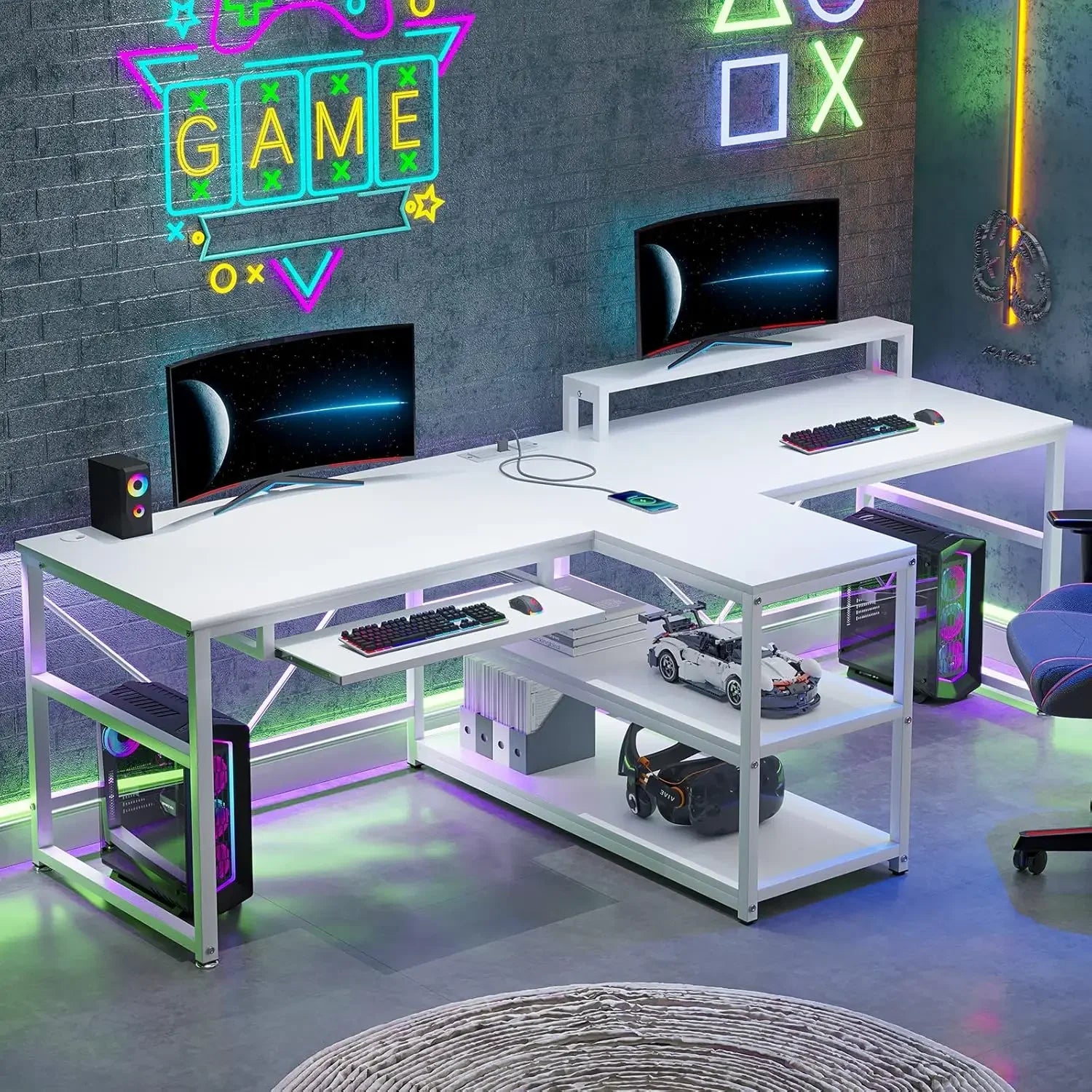 94.5" Office Computer Desk, 2 Person Gaming Desk with Storage, LED Lights, Keyboard Tray, Power Strip