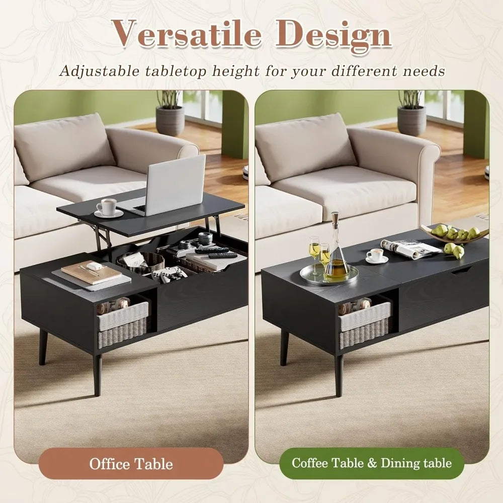Wooden Coffee Table, Lift Top Coffee Table with Large Hidden Compartment and Shelf, Lift Tabletop Dining Table for Living Room