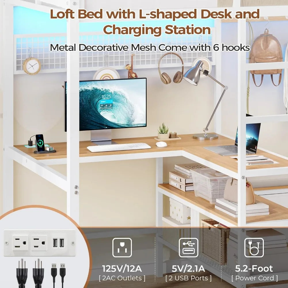 Twin Loft Metal Bed with L-Shaped Desk, Charging Station, LED Lights, and Storage Shelves