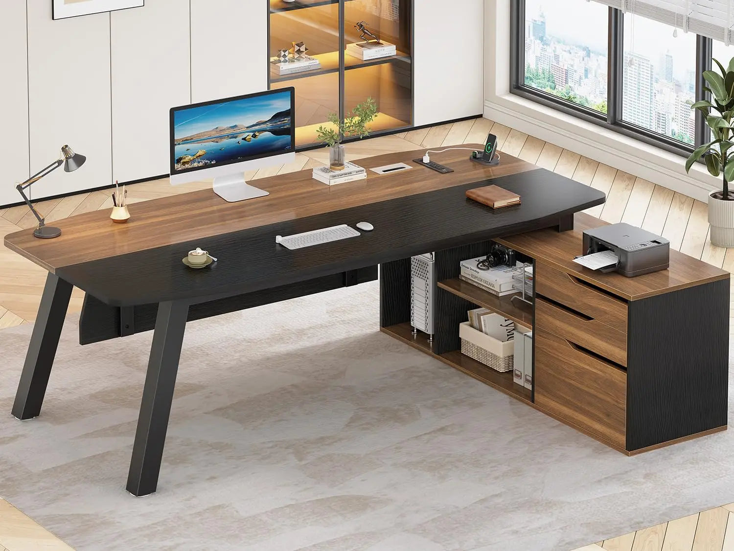 FurnishSpot® Executive L-Shaped Desk with File Drawer, Storage Cabinet & Built-In Charging Station
