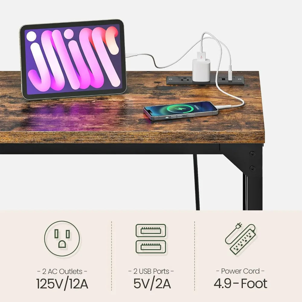 Kitchen Dining Table with Power Outlet and Footrest, Industrial Style, for Pub, Living Room, Rustic Brown and Black TBT08UBF