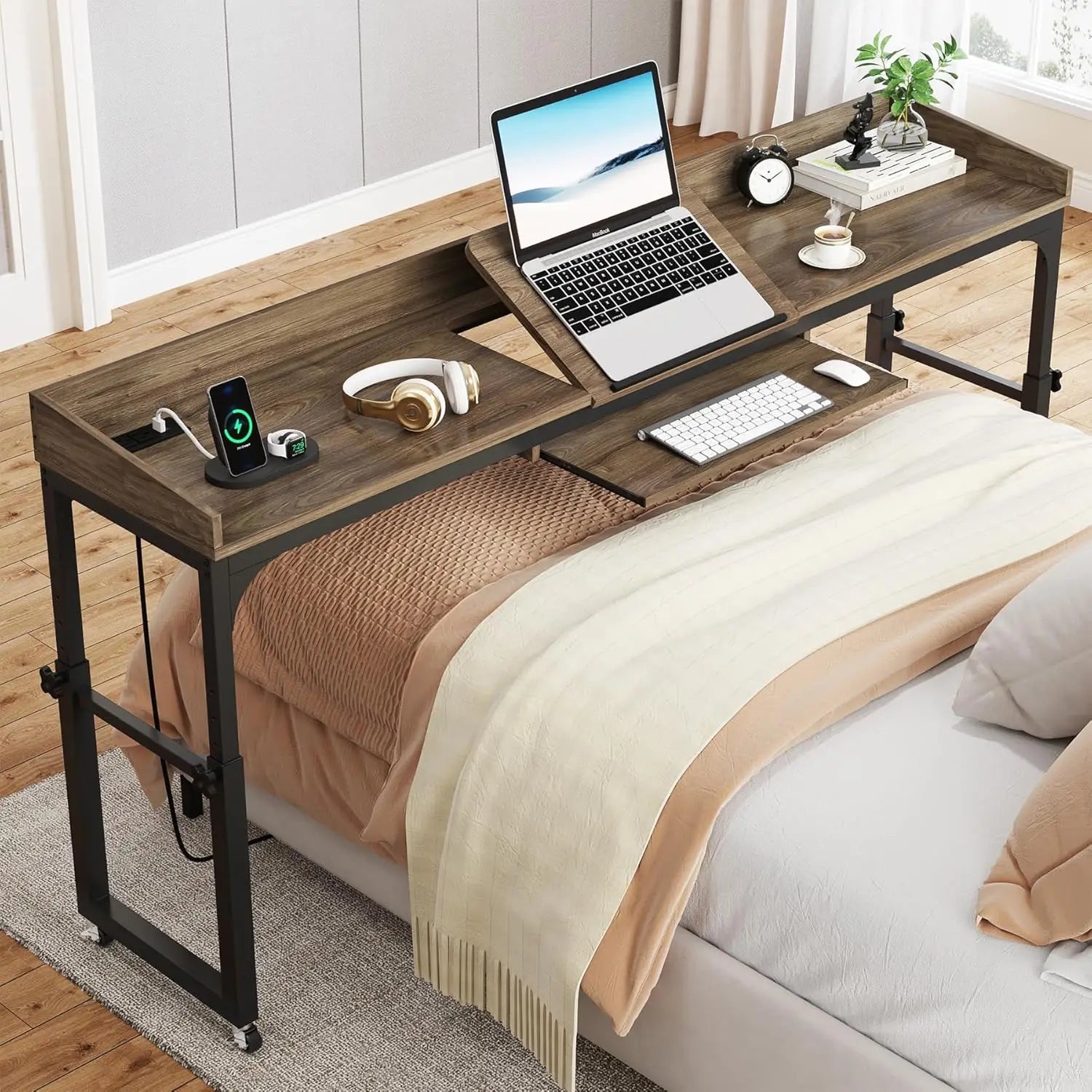 Height Adjustable Overbed Table with Wheels for Queen Size Bed