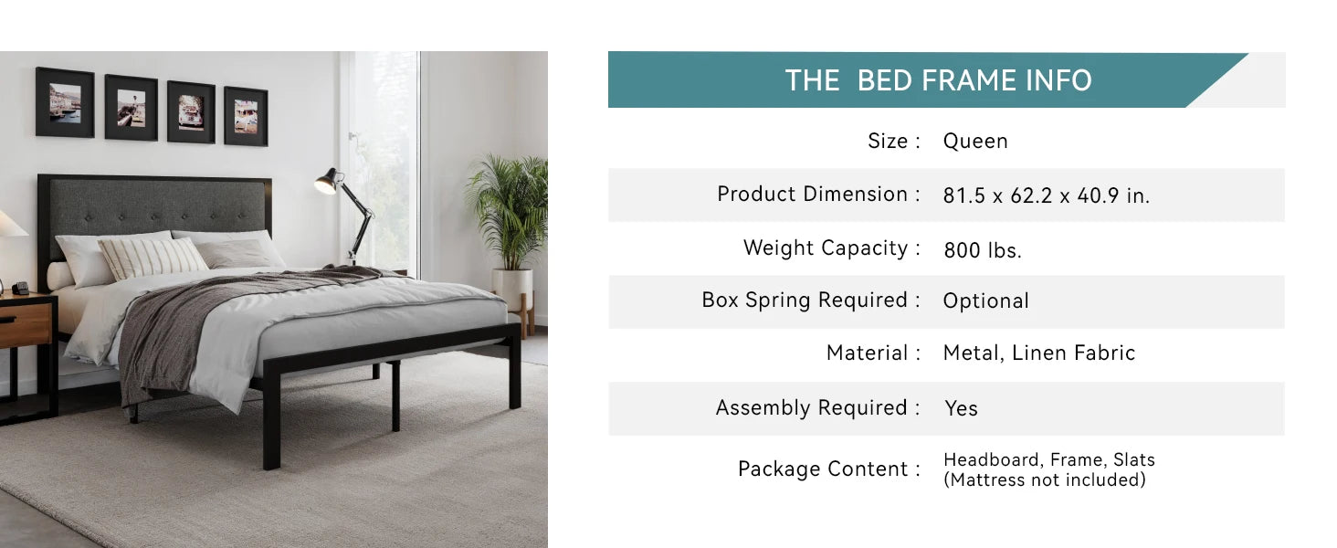 HOOMIC Metal Bed Frame, Upholstered Headboard with Square Stitched, Classic Button Tufted, Faux Leather, No Box Spring Needed