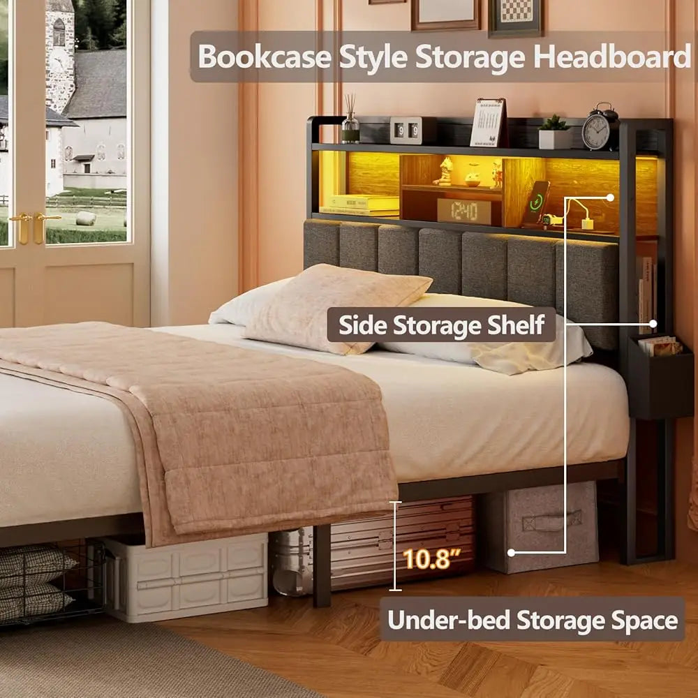 LED Queen Size Bed Frame with Storage Drawer and Charging Station