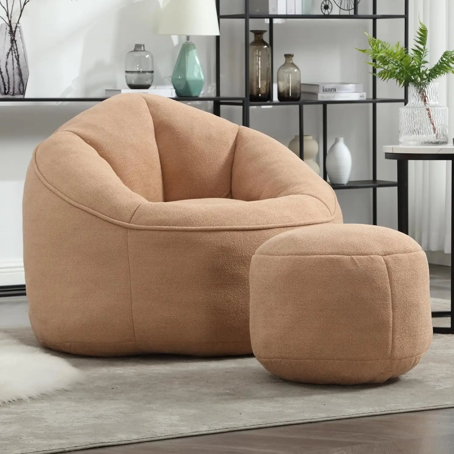Bean Bag Chair for Adult, Microfiber Upholstered Bean Bag Sofa with Petal Back, Shell-Shaped Beanbag Chair with Footstool