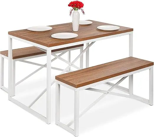 45.5in 3-Piece Bench Style Dining Furniture Set, 4-Person Space-Saving Dinette for Kitchen, Dining Room w/ 2 Benches, Table - L