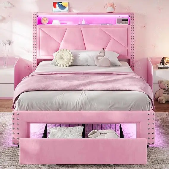 VIAGDO Pink Twin Bed Frames with LED Lights, Upholstered Platform Bed Frame Twin Size with Storage Headboard and Charging Statio