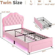 Twin Size Girl Bed with Storage Drawer,Upholstered Platform Bed,Adjustable Headboard with Velvet Crystal Button Princess BedPink