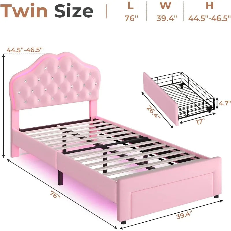 Twin Size Girl Bed with Storage Drawer,Upholstered Platform Bed,Adjustable Headboard with Velvet Crystal Button Princess BedPink