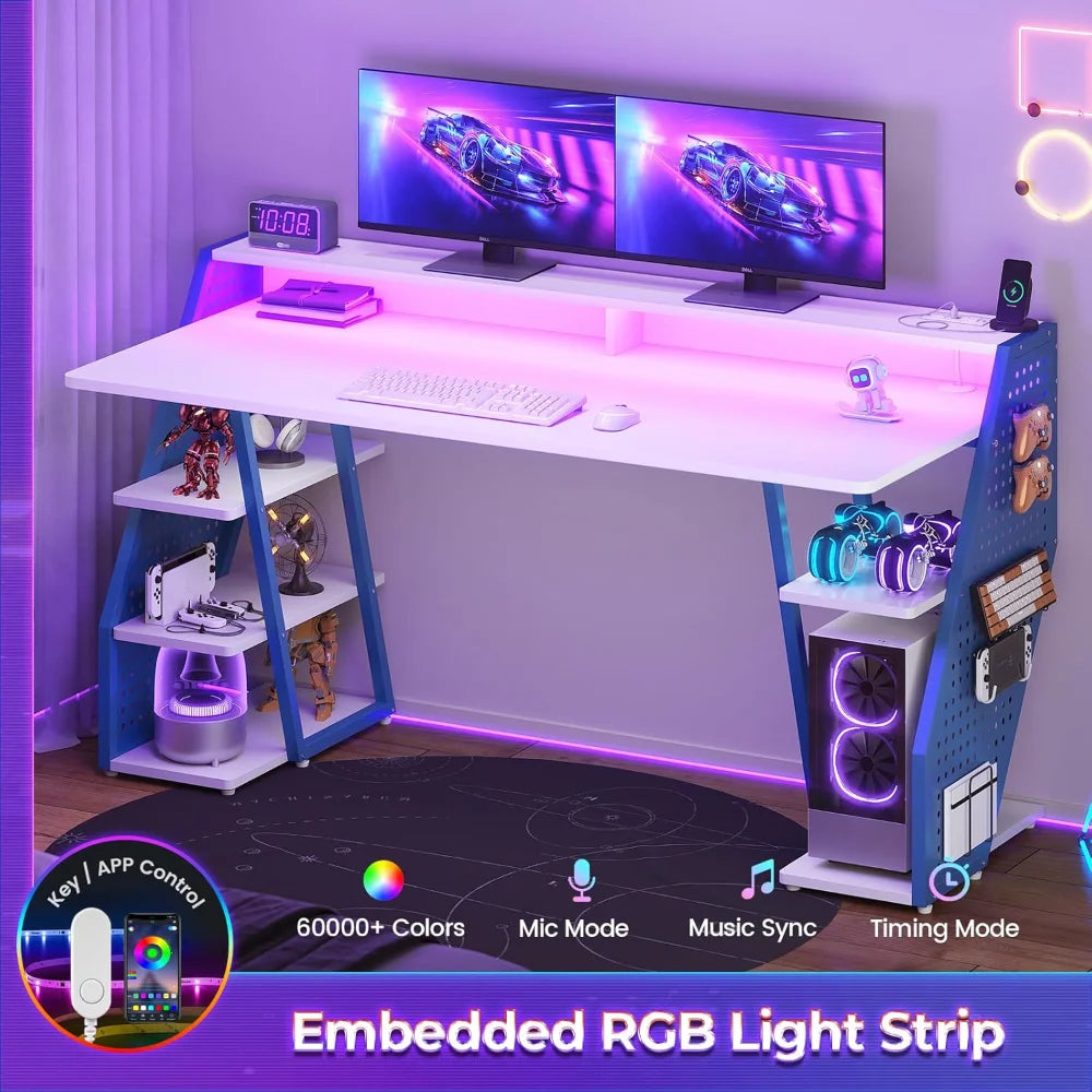 Gaming Table 55'' with LED Light and Storage Shelves, Computer Table with Monitor Stand, Power Outlets and Pegboard, White/Blue