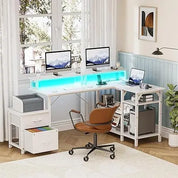 FurnishSpot® Reversible L-Shaped Computer Desk with LED Monitor Stand, Storage & Charging Station