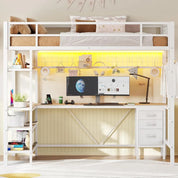 Loft Bed Twin Size with L-Shaped Desk and Storage Shelves, Metal Loft Bed Frame with Power Outlet, LED Lights, 3 Fabric Drawers,