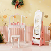 Children’s Wooden Standing Jewelry Cabinet with Full-Length Mirror & Storage Drawers – White