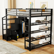Full Size Metal Loft Bed with Storage Shelves, Cabinets and Wardrobe, Black