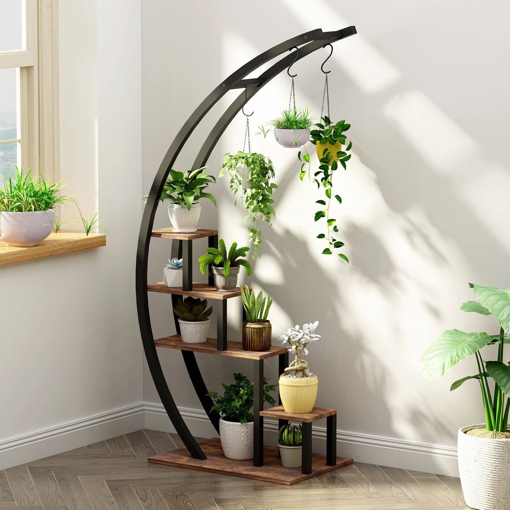 2-Pack 5-Tier Half-Moon Plant Shelf – Metal Flower Stand for Home, Patio, Garden, Balcony