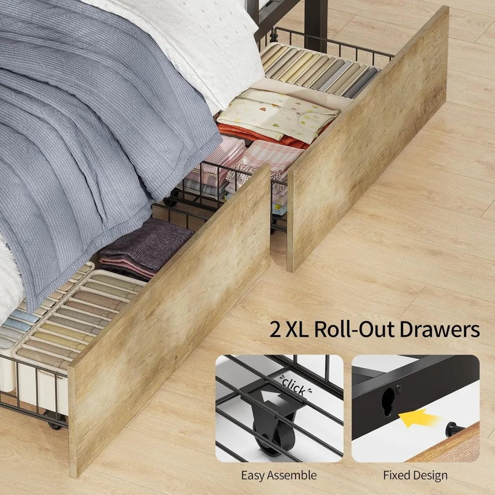 Bunk Bed with Desk, Twin Over Twin Metal Bunk Beds with Power Outlets, RGB LED Lights, 2 Larger Storage Drawers, Bed with Safety