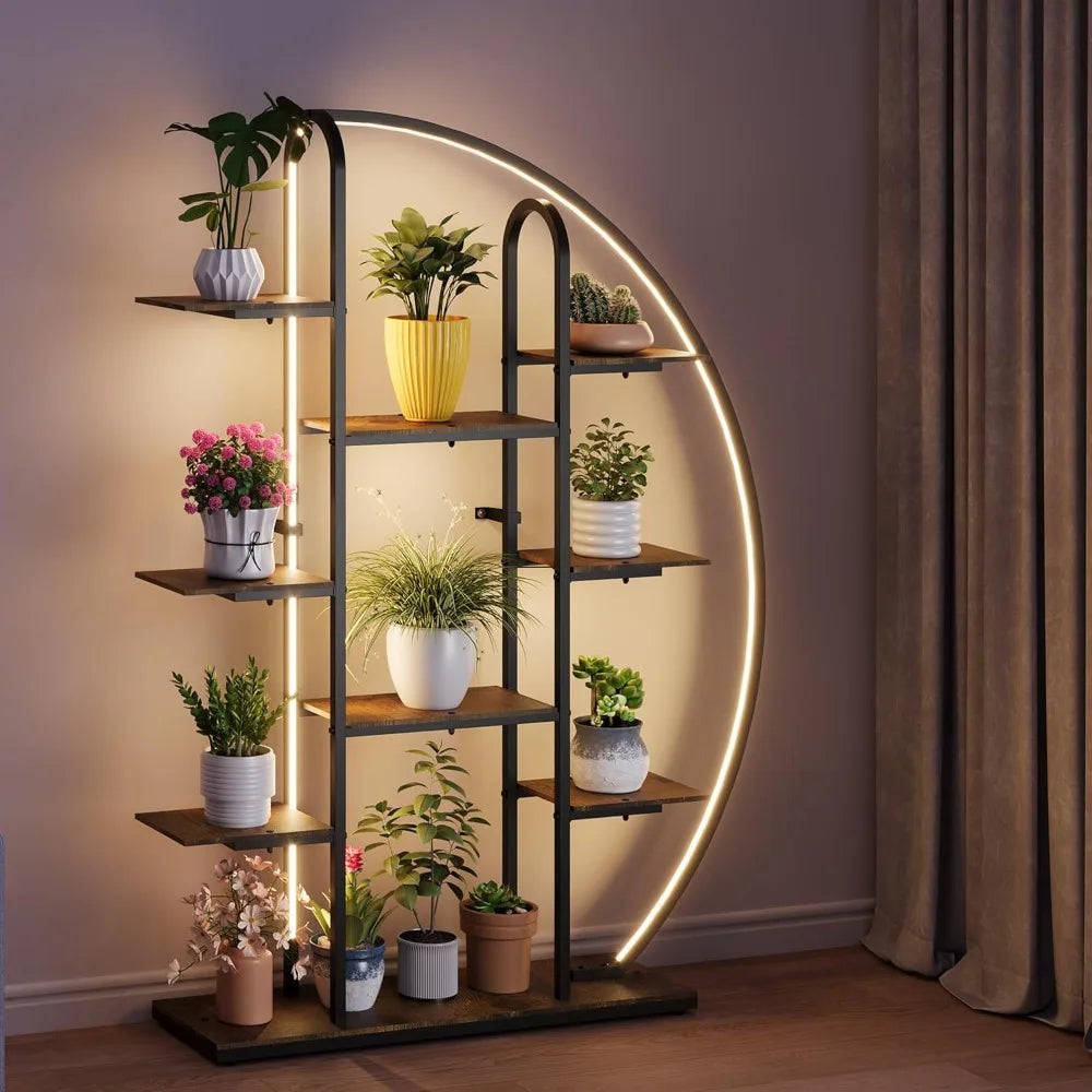 9-Tier Moon-Shaped Plant Stand with Full-Spectrum LED Grow Lights – Indoor Metal Flower Shelf for Bonsai, Succulents, Potted Plants, Living Room, Balcony, Office