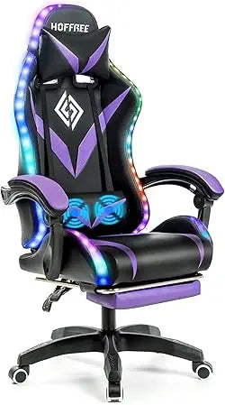 Gaming Chair with Massage and Led Lights Ergonomic Computer Gaming Chair with Footrest RGB Video Game Chair with High Back Lumb