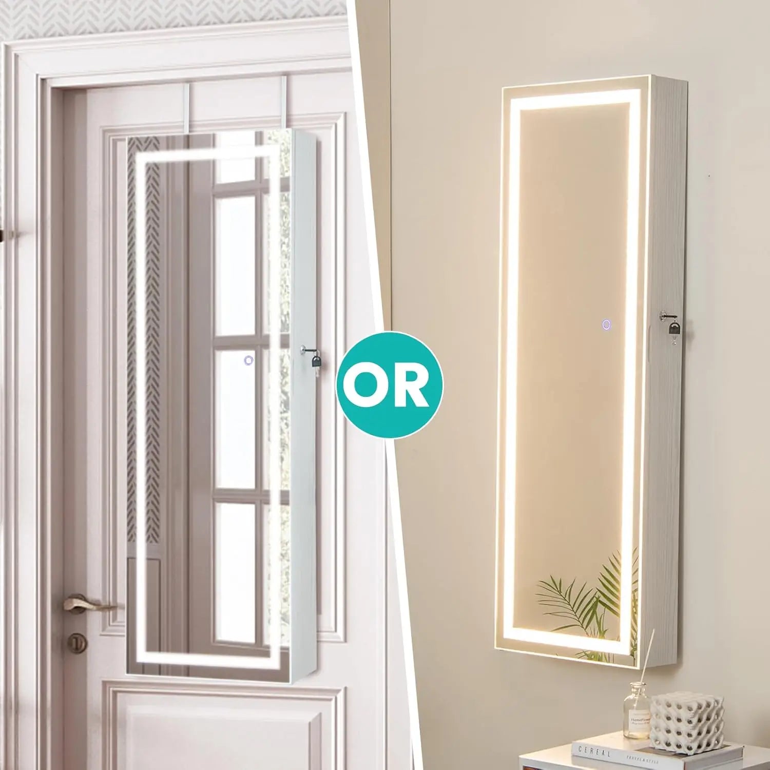 LED Jewelry Armoire with Adjustable Lighted Full-Length Mirror | Wall Mounted or Over Door
