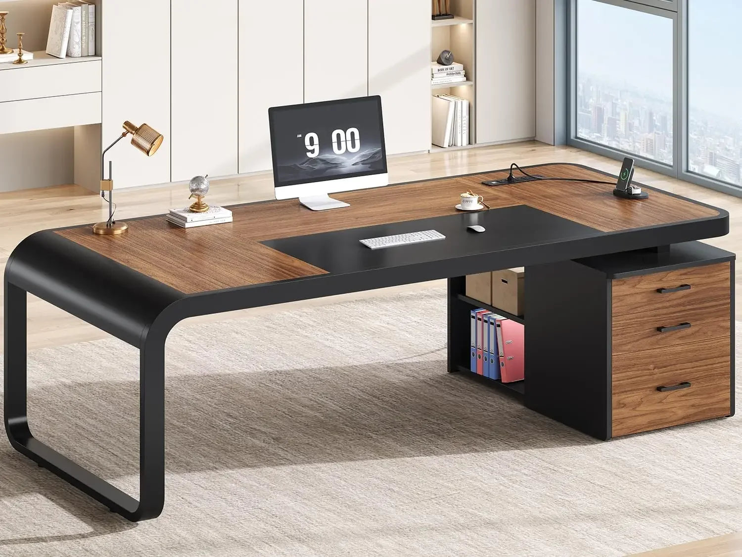 70.9" Executive Desk, Large Computer Desk with Drawers and Lateral File Cabinet, Office Desk with Removable Shelves,