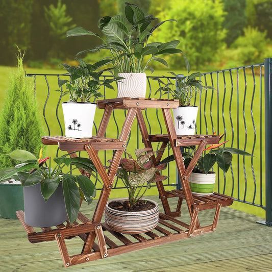 6 Tiered Carbonized Wood Plant Stand for Indoor Outdoor Plants
