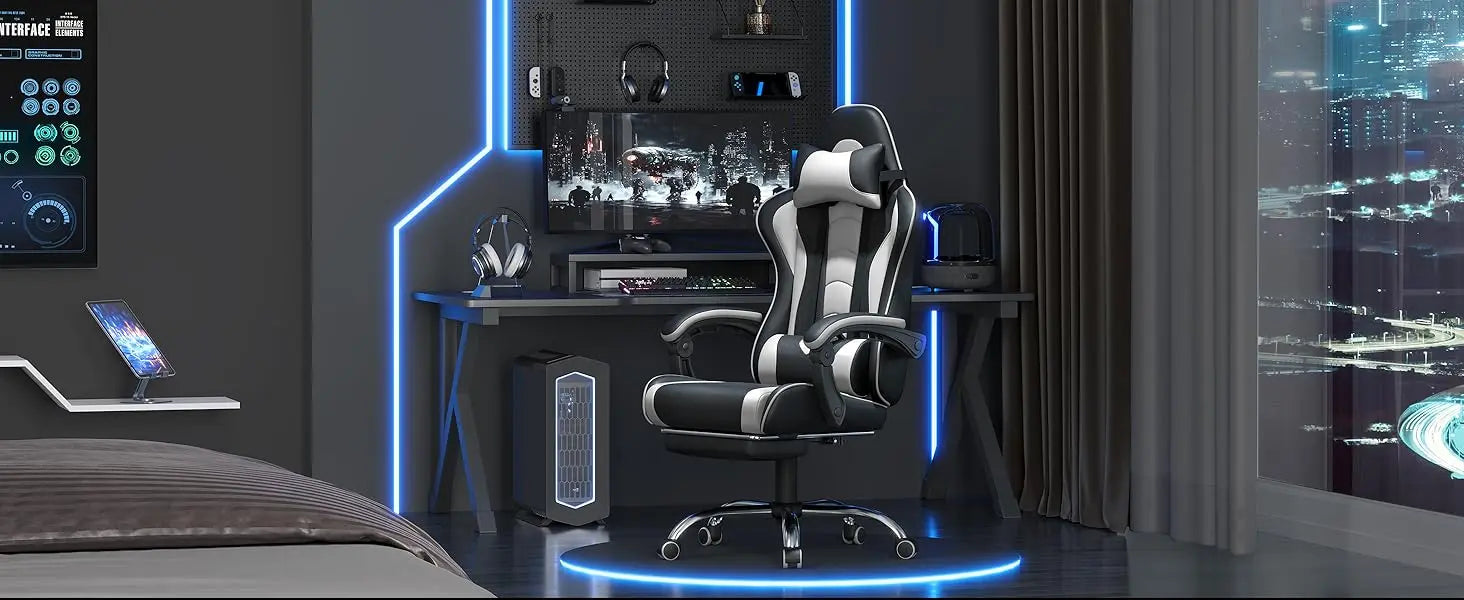 Gaming Chair w/ Massage Lumbar Support & Footrest