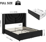 King Upholstered LED Bed Frame with 2 Storage Drawers, Velvet Platform Bed with Wingback Headboard, Solid Wooden Slats Support