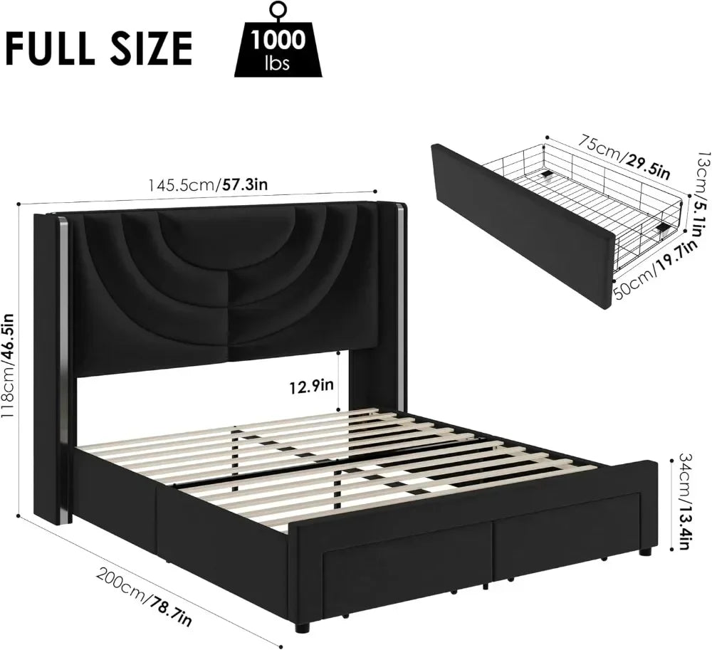 King Upholstered LED Bed Frame with 2 Storage Drawers, Velvet Platform Bed with Wingback Headboard, Solid Wooden Slats Support
