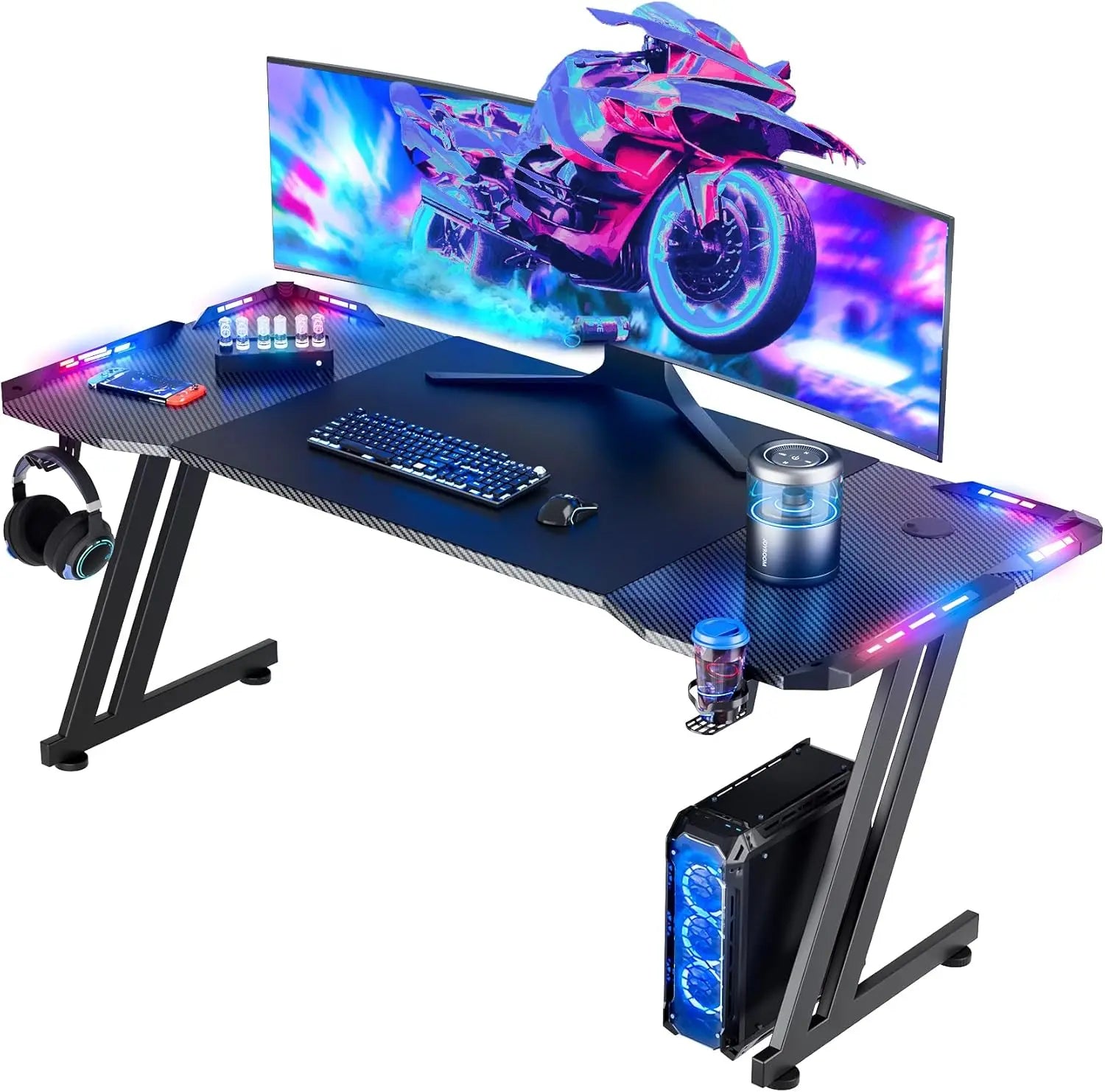 Ergonomic Gaming Desk with LED Lights and Carbon Fiber Surface