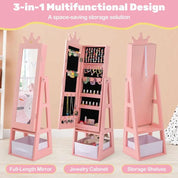 Kids Crown-Themed 45.5" Wooden Jewelry Armoire with Full-Length Mirror & Storage Box