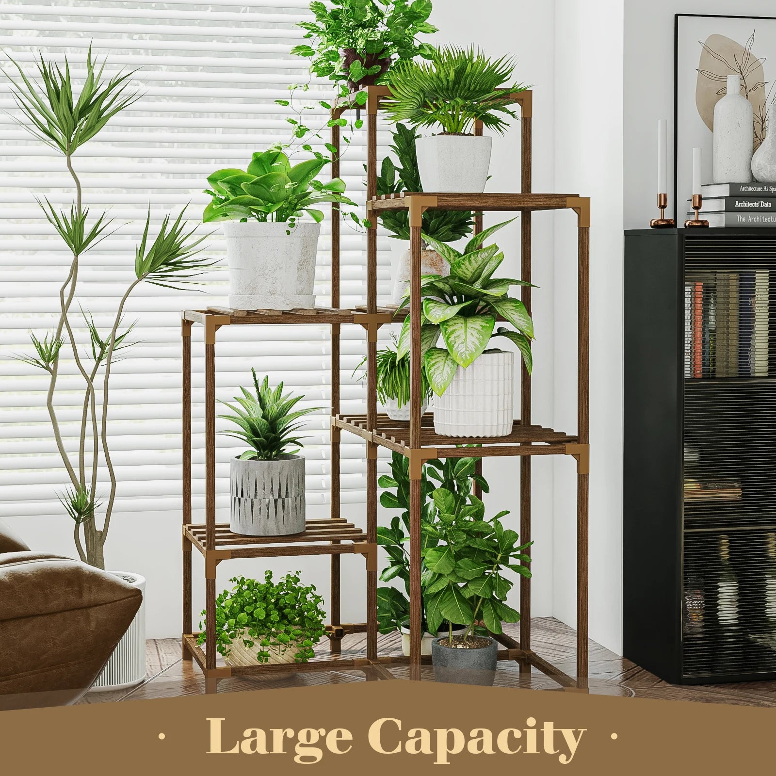 Smartspace™ 6-Tier Corner Wooden Plant Stand – Vertical Carbonized Wood Plant Shelf