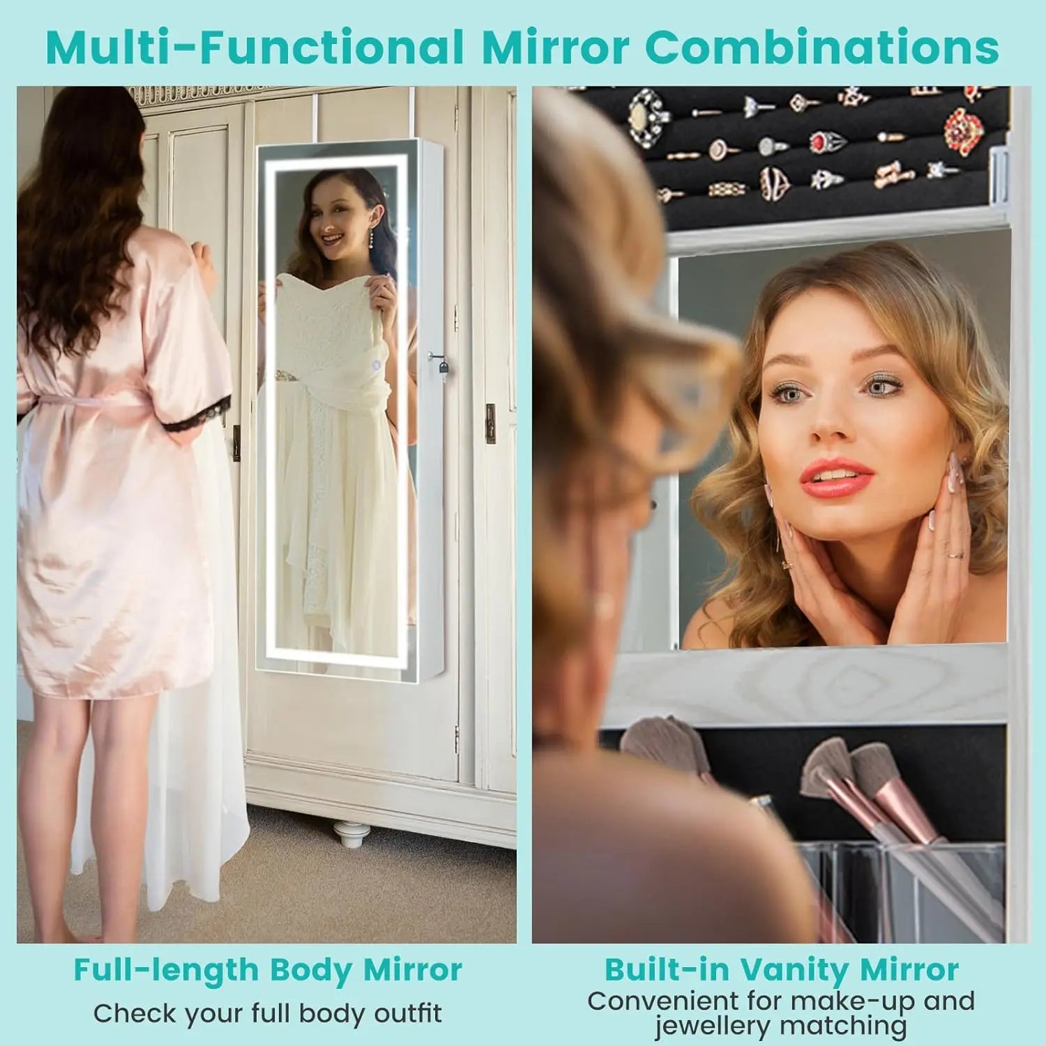 LED Jewelry Armoire with Adjustable Lighted Full-Length Mirror | Wall Mounted or Over Door