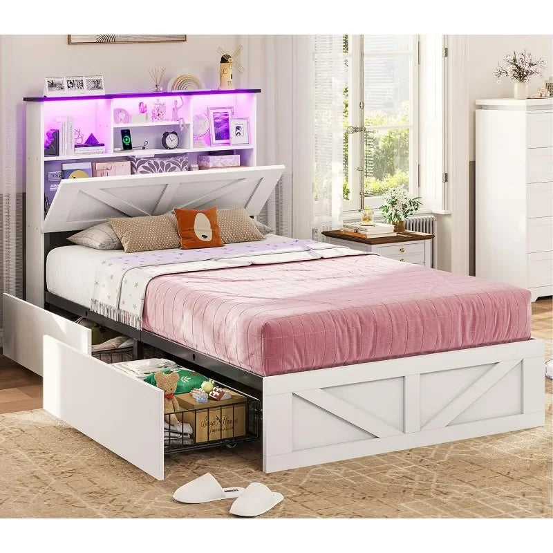 Twin Size Bed Frame with Bookcase Storage Headboard Charging Station & LED Lights Wooden Bed Frames Featuring 4 Drawers