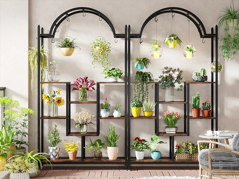 Tribesigns 5-Tier Tall Indoor Plant Stand, 74.8'' Arched Metal Flower Shelf with Hanging Hooks, Large Bonsai Pots Display Rack