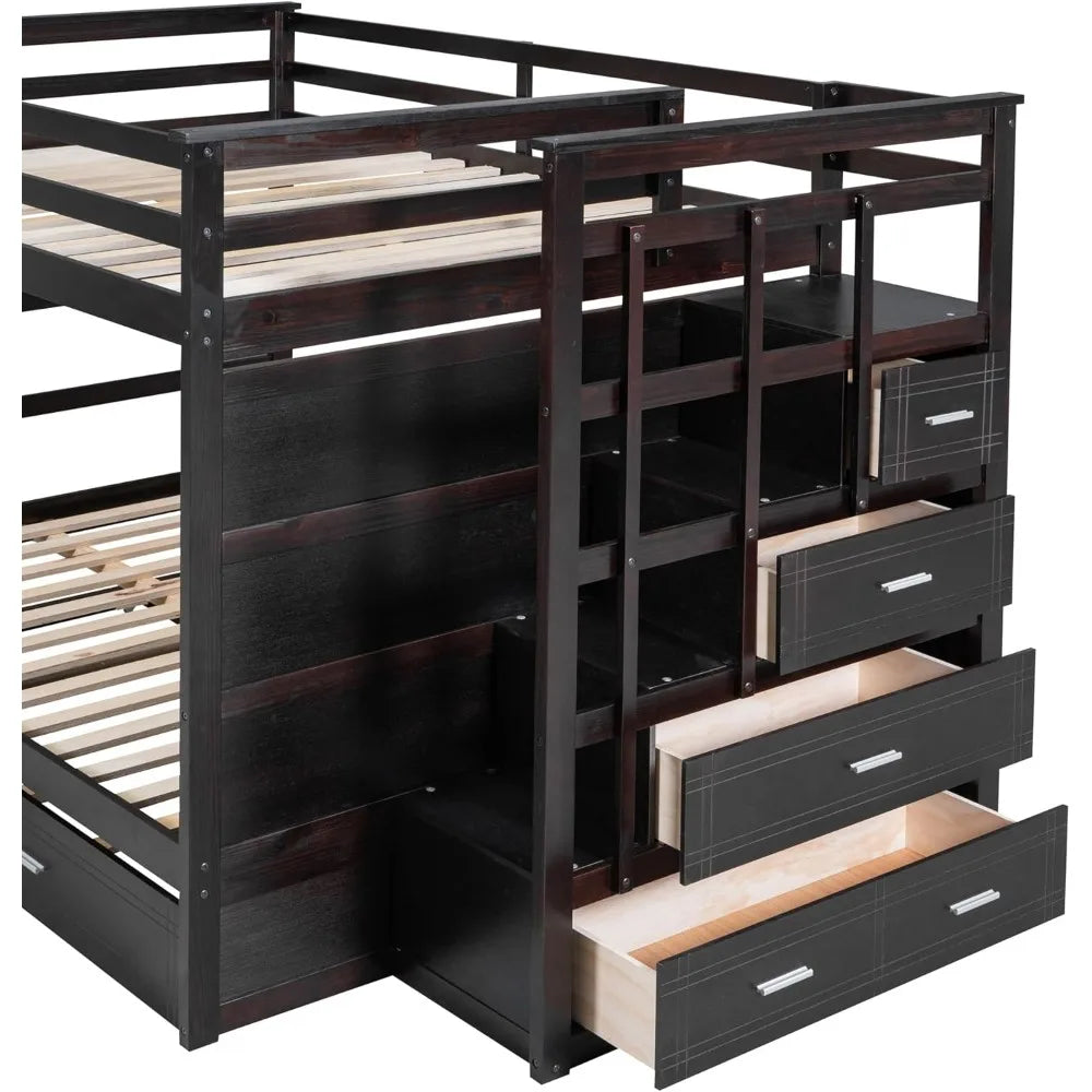 Full Over Full Bunk Bed with Twin Size Trundle and Stairs, and Storage Drawers