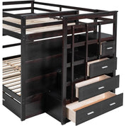 Full Over Full Bunk Bed with Twin Size Trundle and Stairs, and Storage Drawers