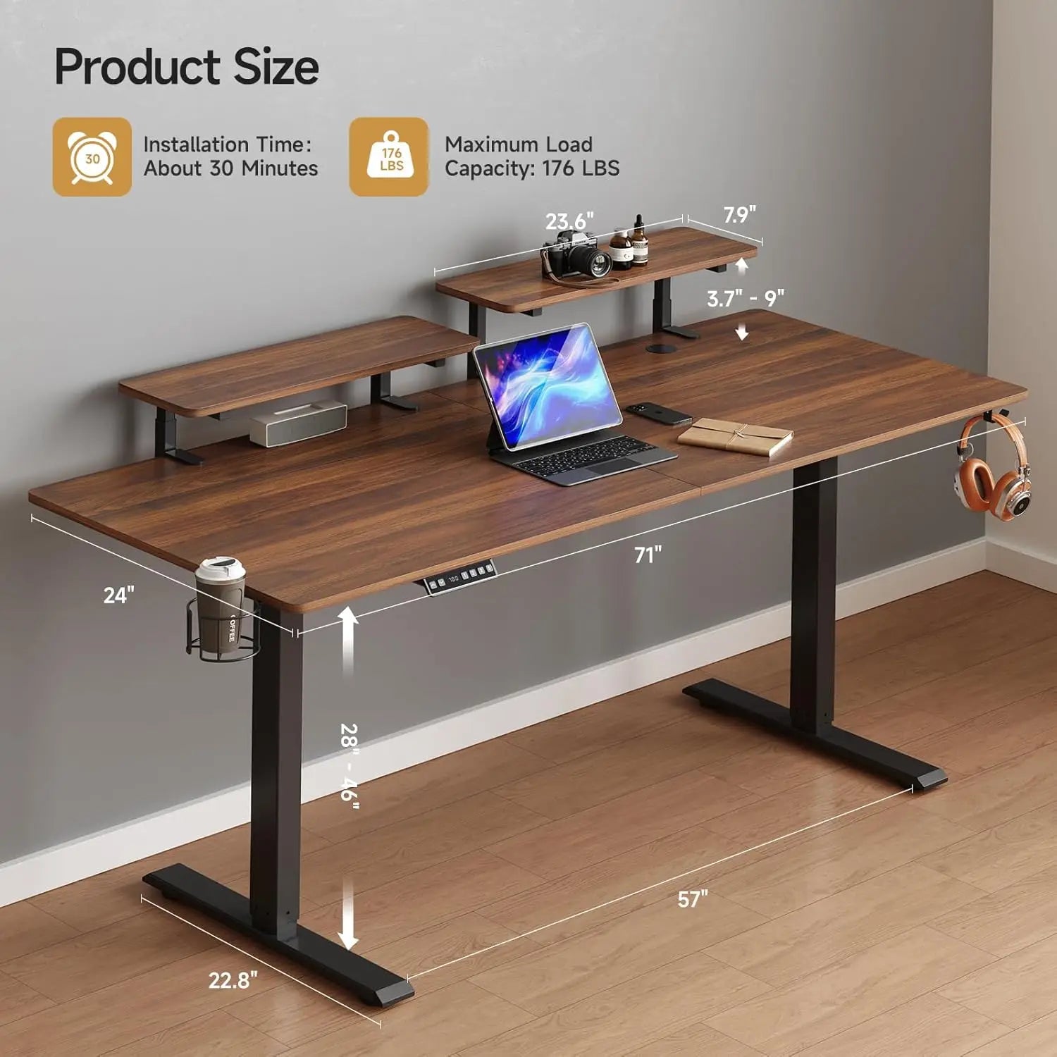  2 Adjustable Monitor Shelves,Electric Stand Up Desk with Memory Controller & Adjustable Height