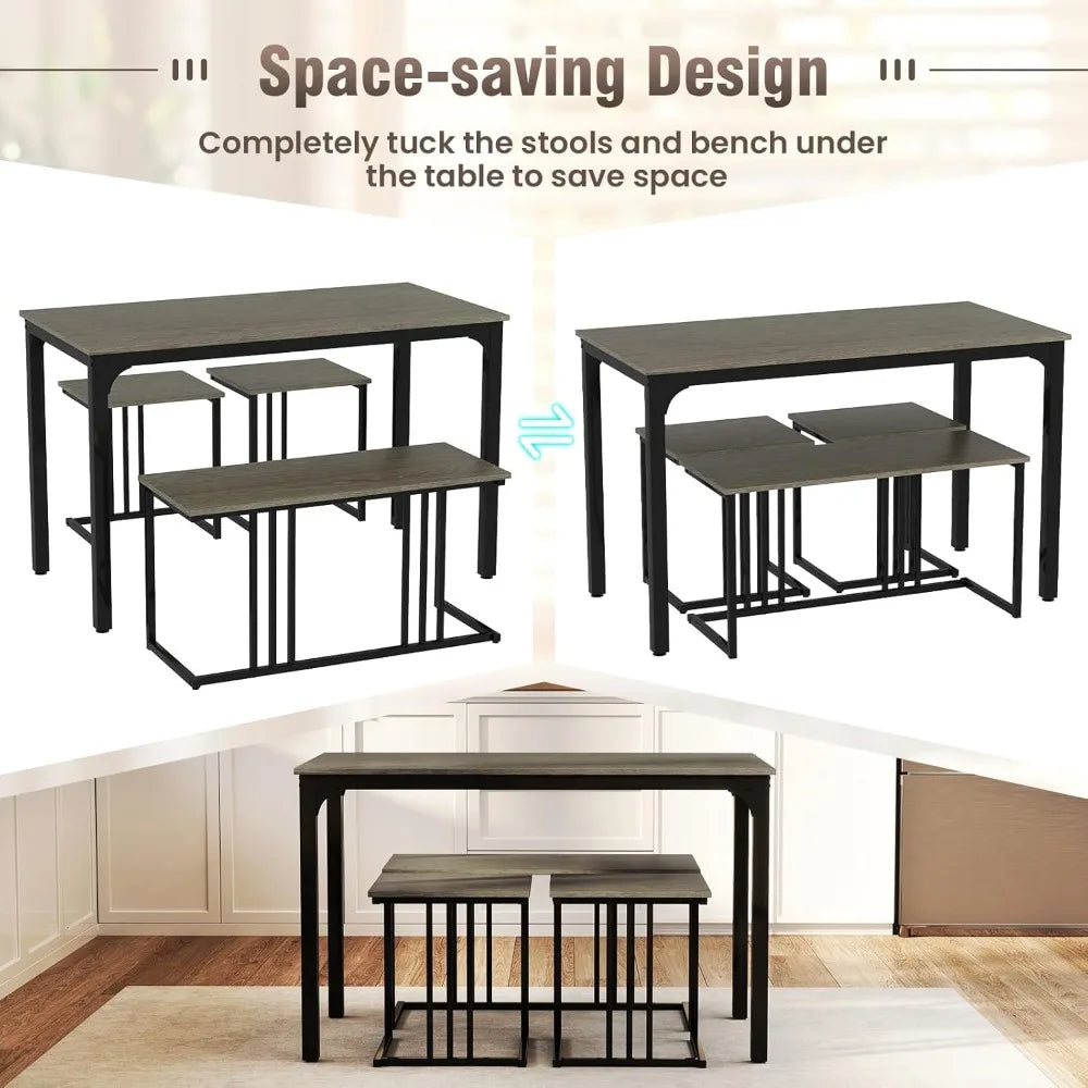 FurnishSpot® 4-Piece Modern Industrial Dining Table Set with Nesting Bench & Stools – Space-Saving & Heavy-Duty Steel Frame