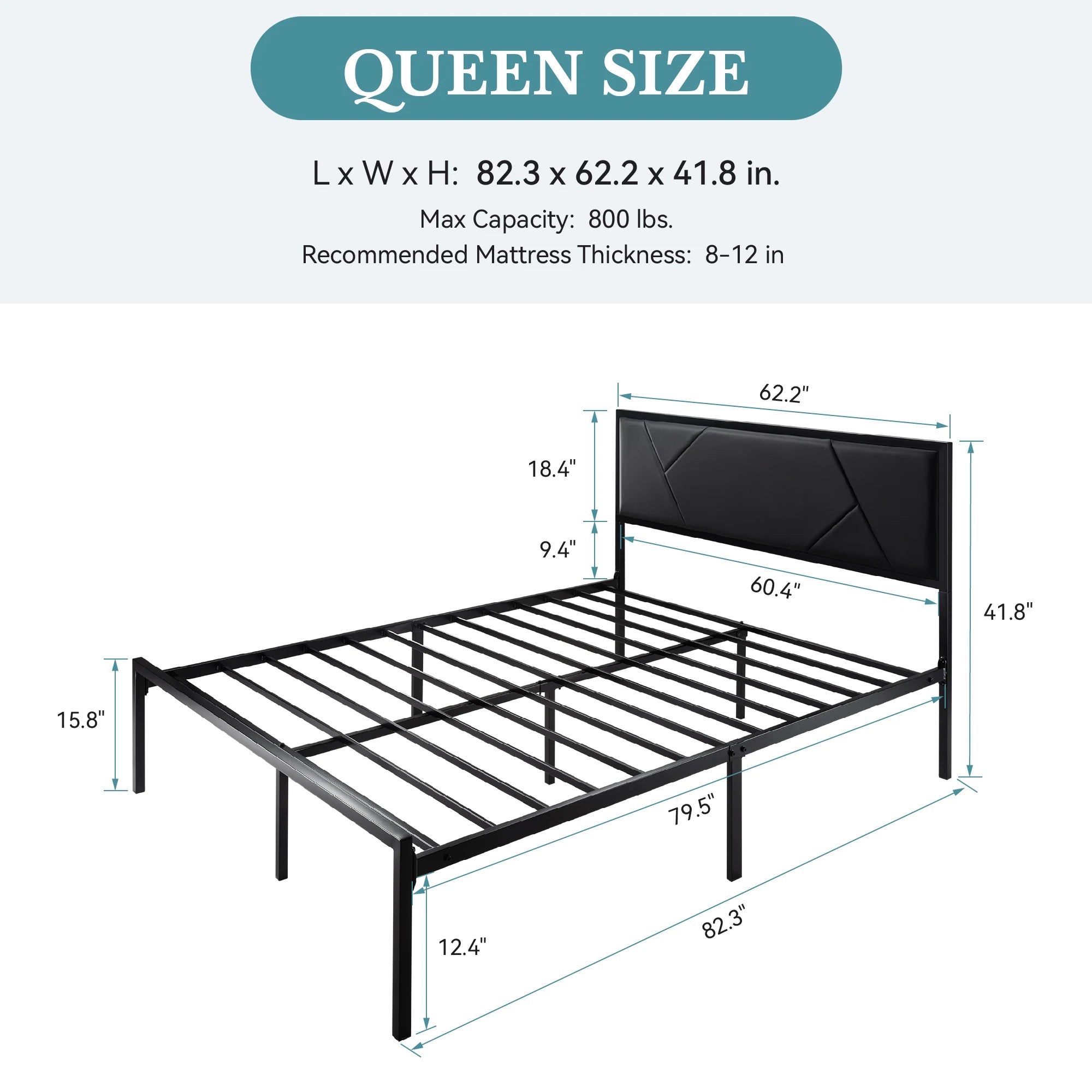 HOOMIC Metal Bed Frame with Upholstered Headboard, Litchi Grain Faux Leather Design, Easy Assembly, No Box Spring Needed Allewie