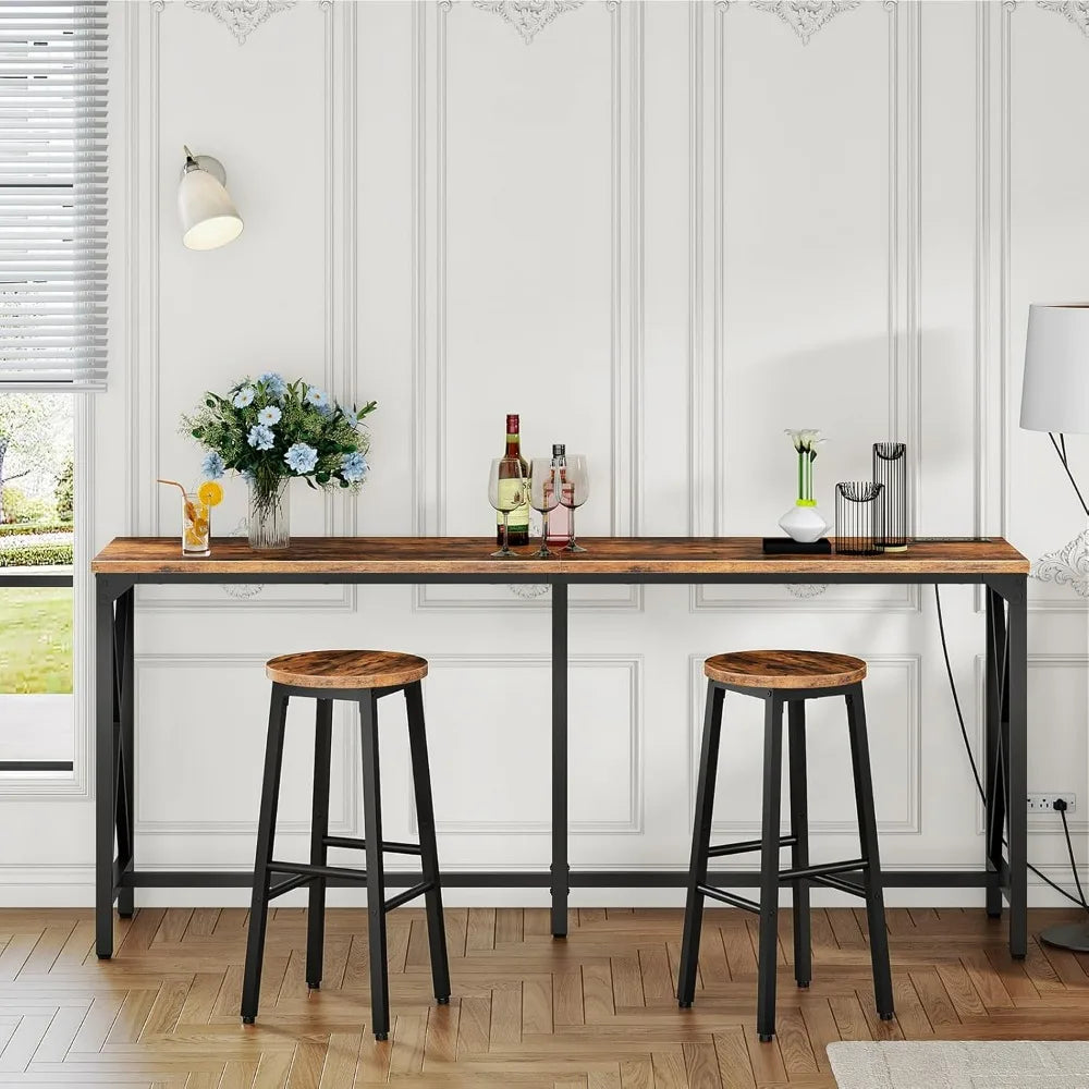Kitchen Dining Table with Power Outlet and Footrest, Industrial Style, for Pub, Living Room, Rustic Brown and Black TBT08UBF