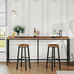 Kitchen Dining Table with Power Outlet and Footrest, Industrial Style, for Pub, Living Room, Rustic Brown and Black TBT08UBF