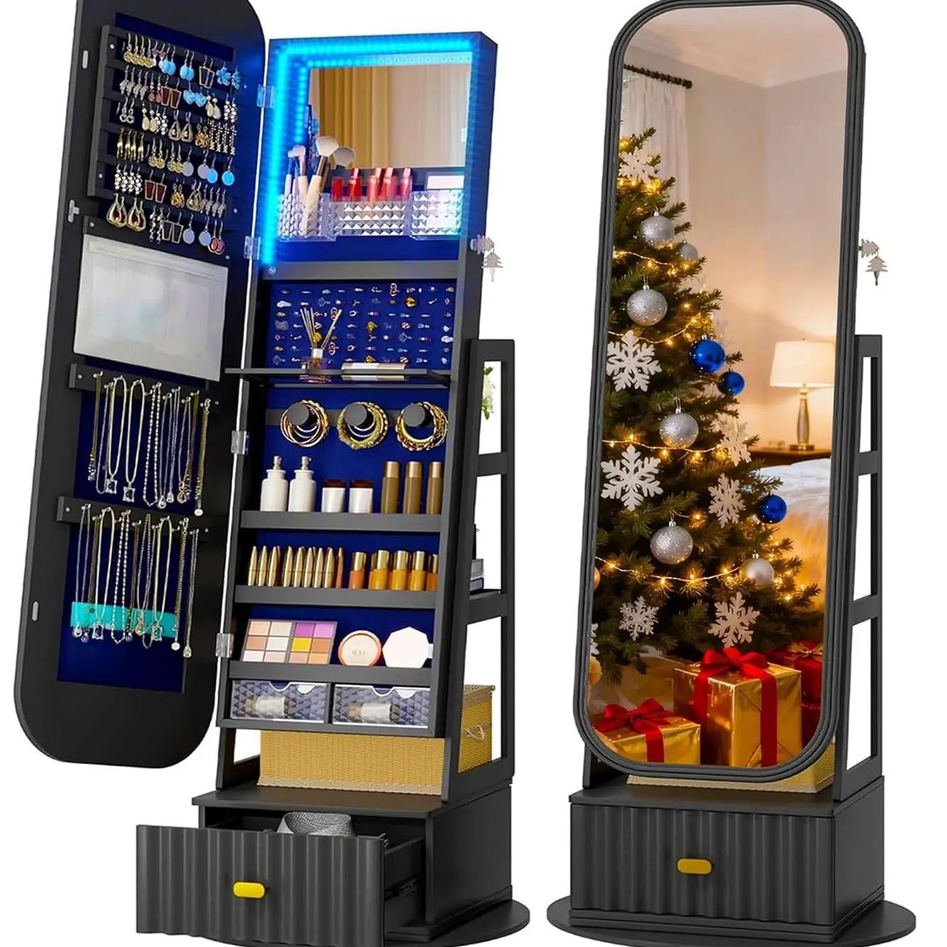 Standing LED Jewelry Armoire with Full-Length Mirror & 360° Swivel Storage Cabinet