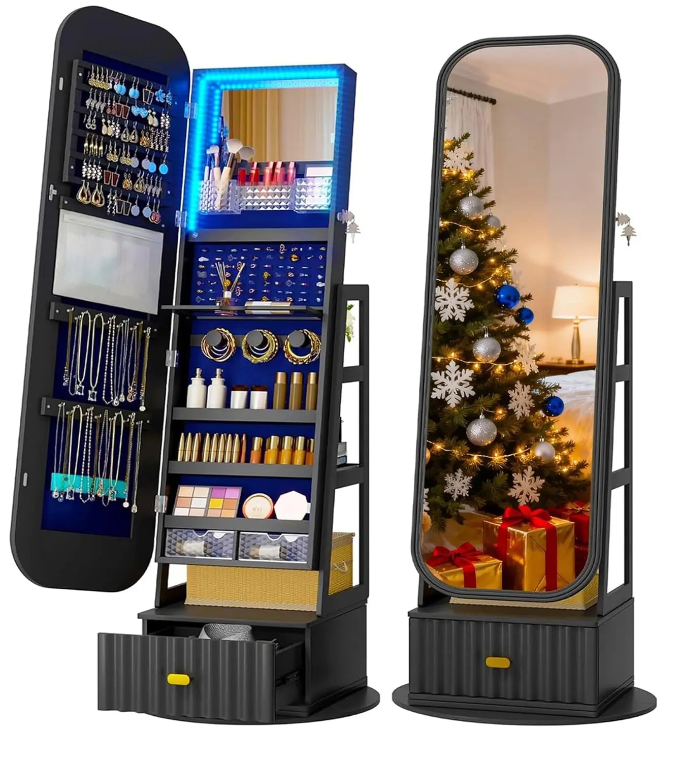 Standing LED Jewelry Armoire with Full-Length Mirror & 360° Swivel Storage Cabinet