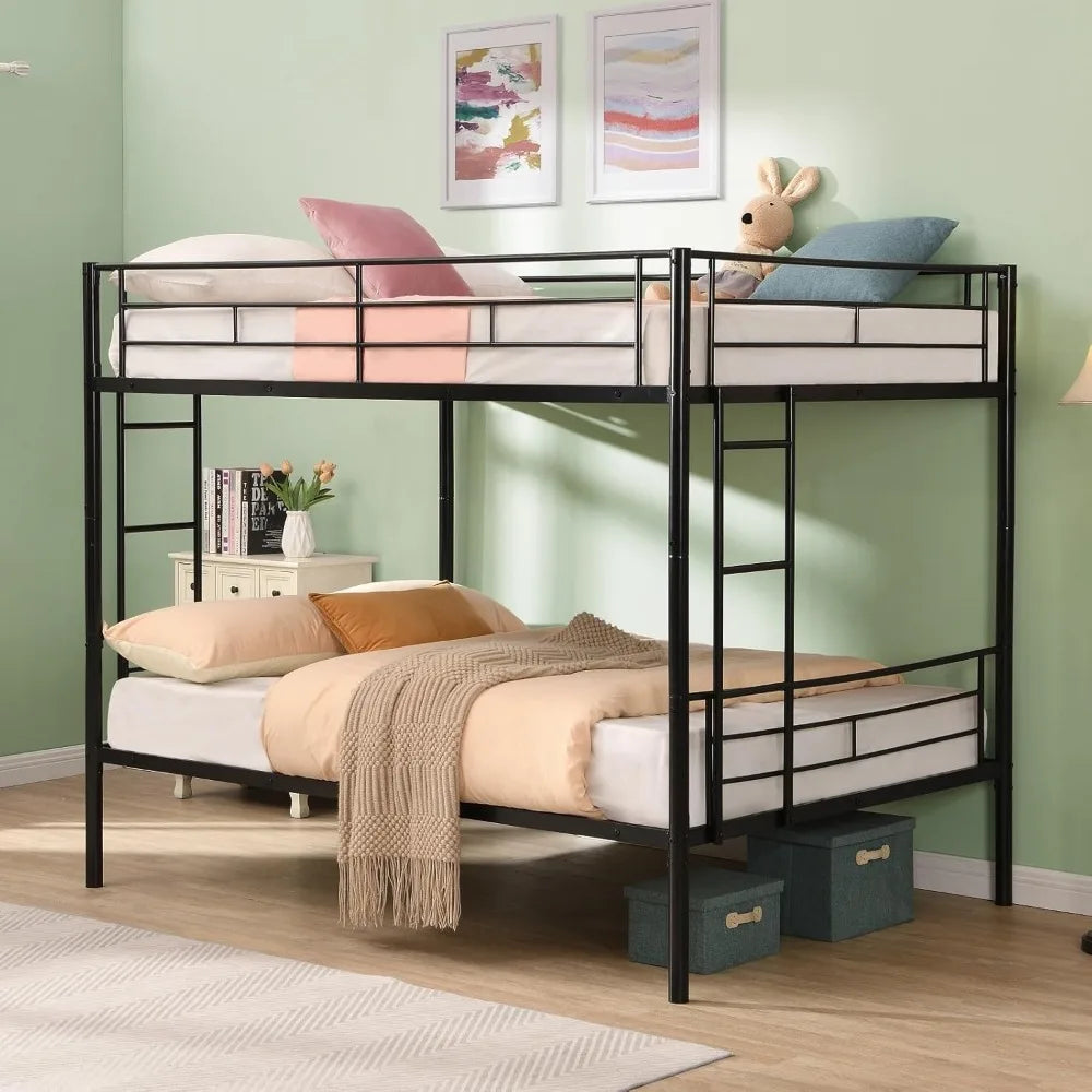 Full Over Full Bunk Bed for Teens, Heavy Duty Metal with Sturdy Guard Rail & 2 Side Ladders, Convertible Bunkbed,No Box Spring N