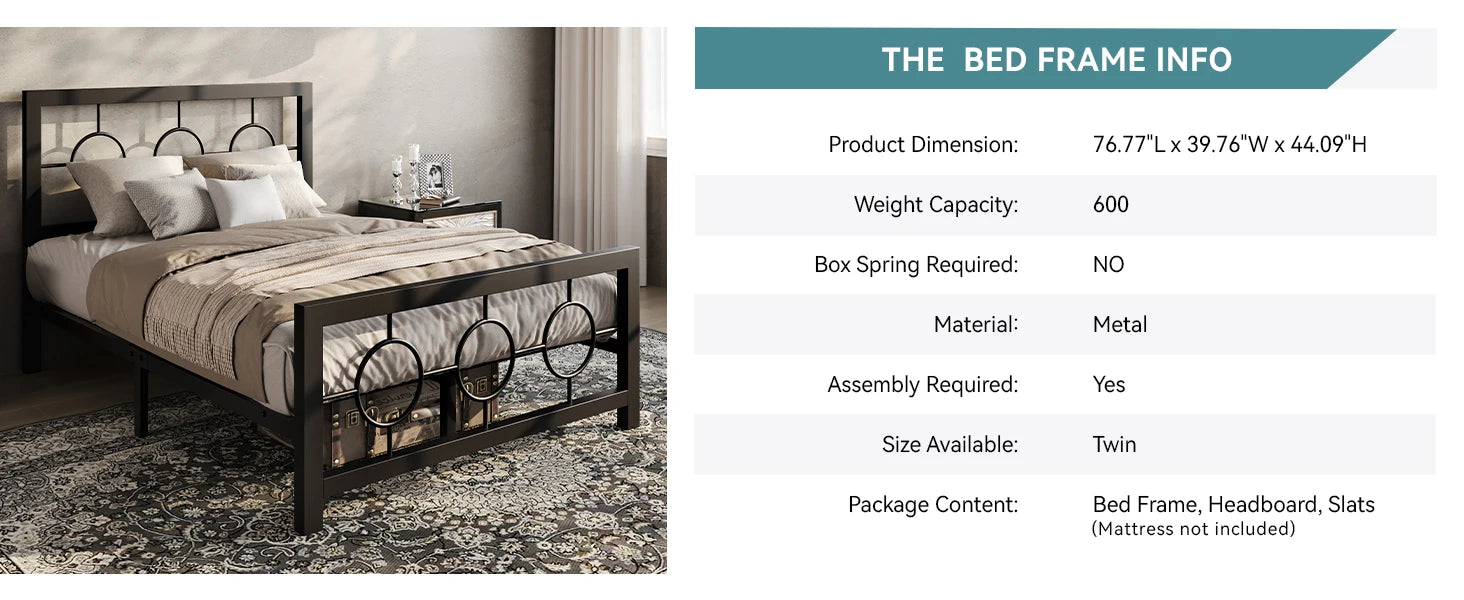 Metal Platform Bed Frame with Vintage Circular Design Headboard and Footboard