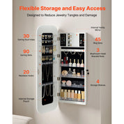 42.5-Inch Lockable Mirror Jewelry Cabinet with Rounded Design & Travel Organizer – White