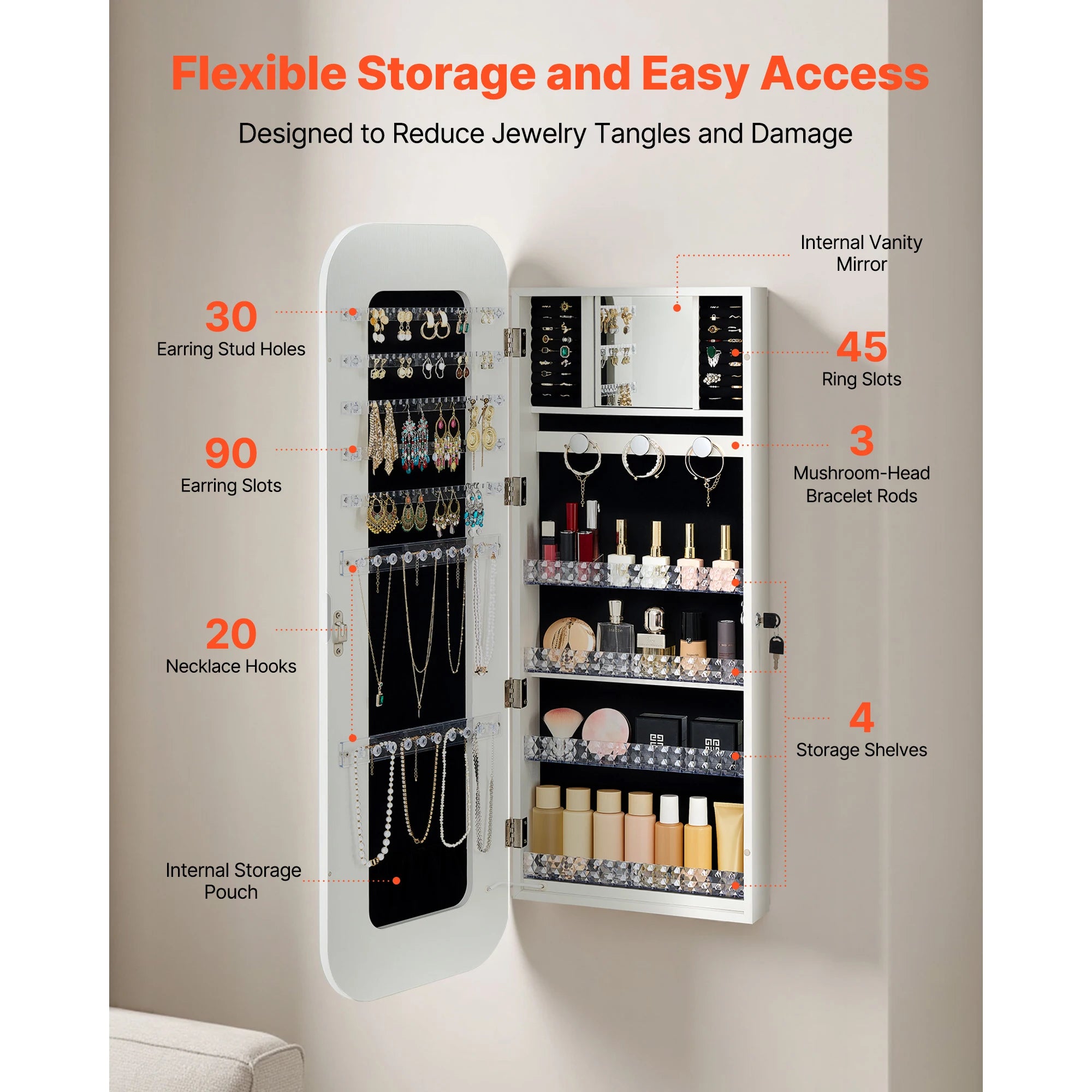 42.5-Inch Lockable Mirror Jewelry Cabinet with Rounded Design & Travel Organizer – White