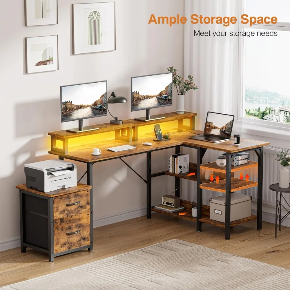 FurnishSpot® Reversible L-Shaped Computer Desk with LED Monitor Stand, Storage & Charging Station