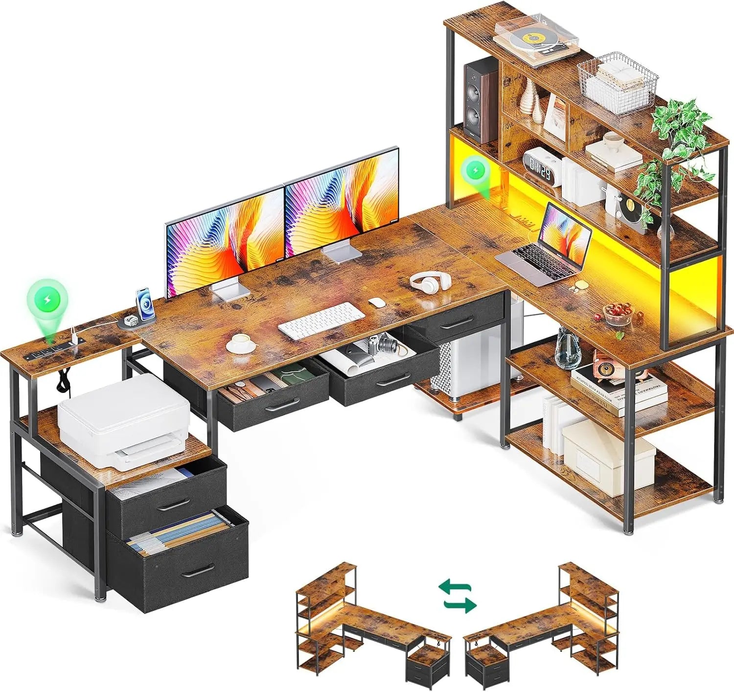 79 Inch L Shaped Desk with File Drawers, Reversible L Shaped Gaming Desk with Power Outlets & LED Lights, Computer Desk