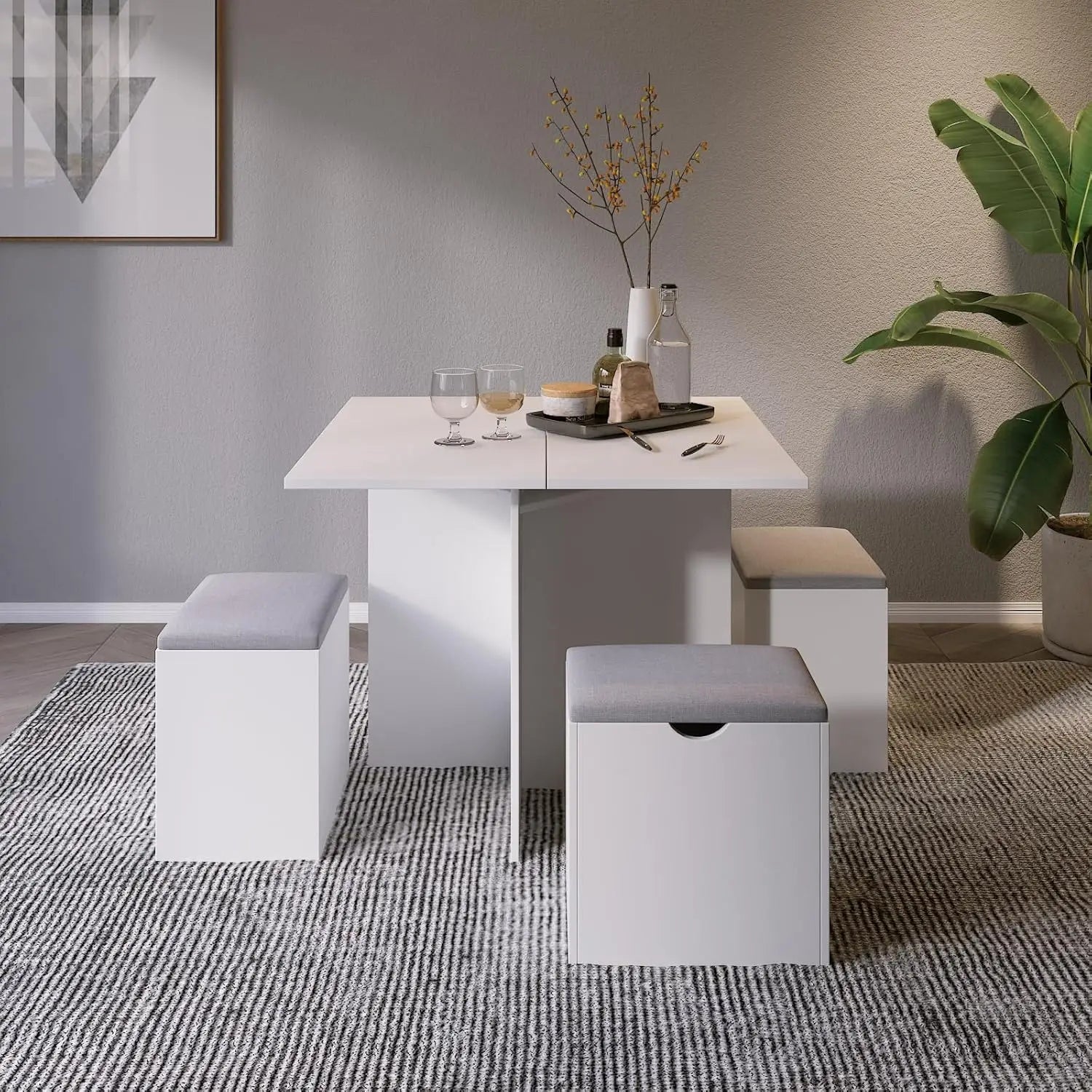 5-Piece Dining Table Set, Small Kitchen Table Set w/ 4 Stools Compact Space-Saving for Dining Room Kitchen Modern (White & Grey)